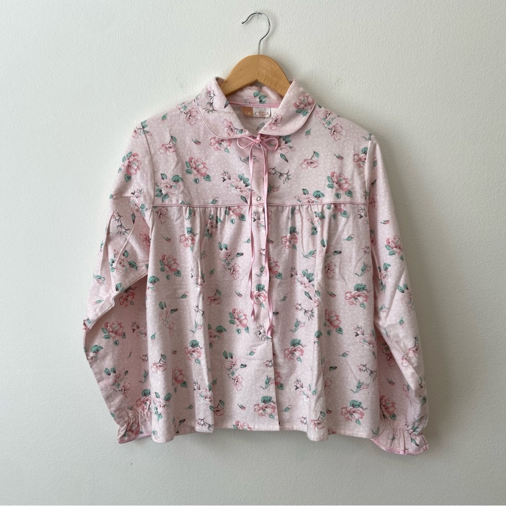 La Cera Pajam Top Medium Pink Floral Bow 100% Cotton Flannel